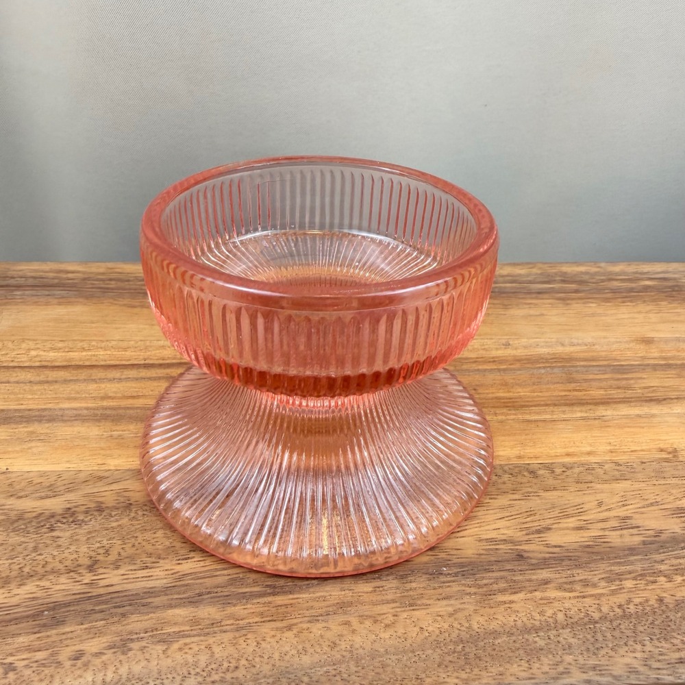LE Smith Pink Glass Ribbed Hourglass Taper Pillar Candle Holder Mid Century MCM